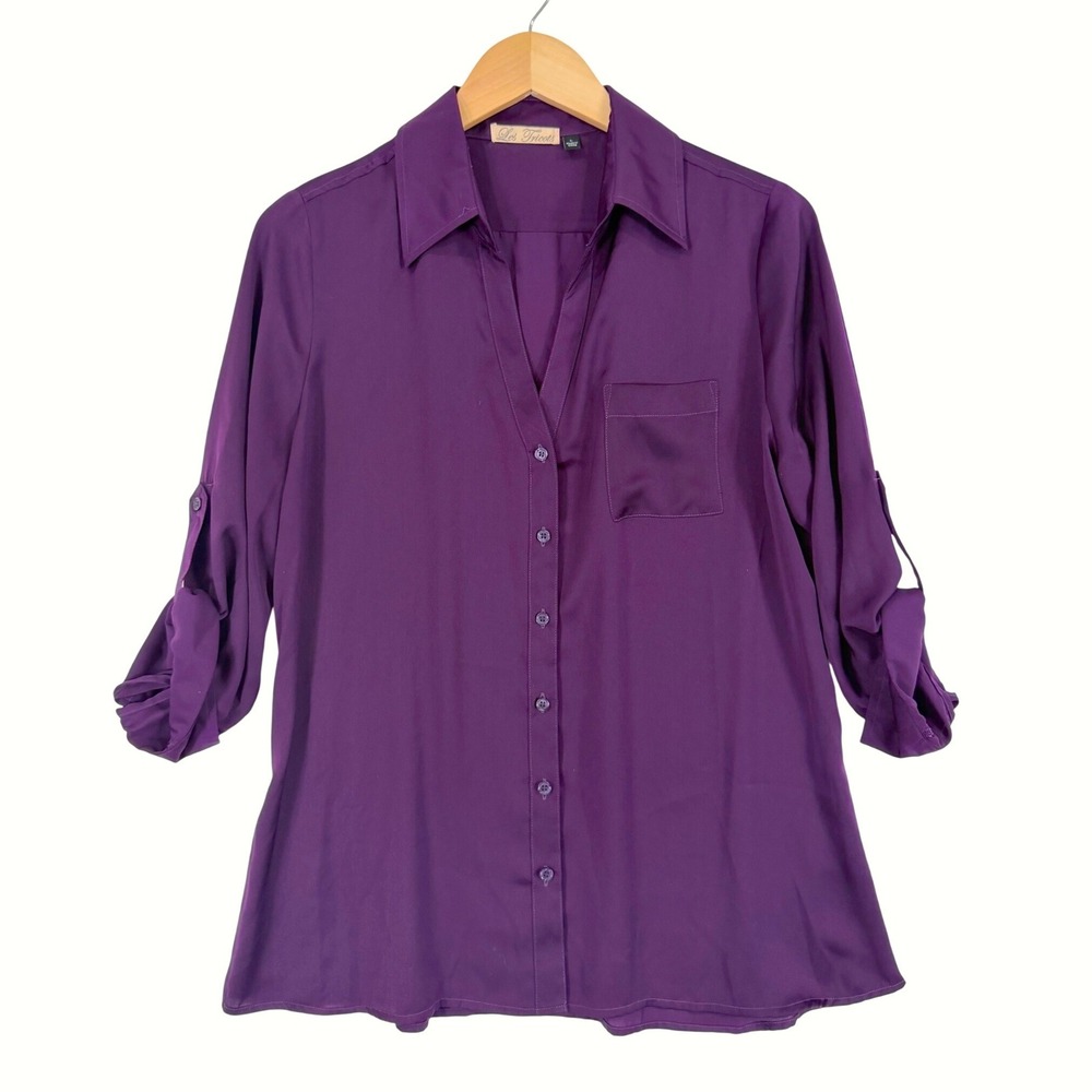 Les Tricots Button Down Blouse Women Large Purple Roll Tab Sleeve Pocket